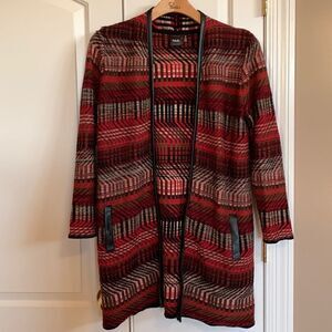 Cardigan long sweater Aztec Geo Print women’s Medium‎ faux leather trim